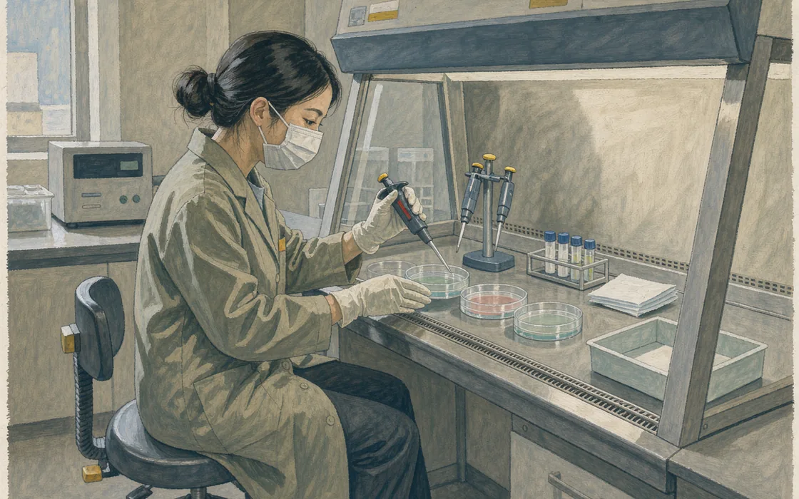 A laboratory technician works with shallow culture dishes inside a softly lit biological safety cabinet.