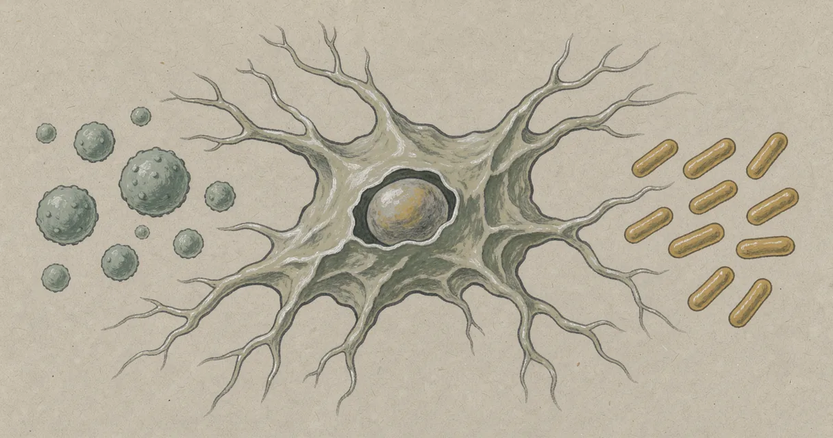 A branching immune cell illustrated between rounded viral forms and ochre bacterial rods on a putty field.