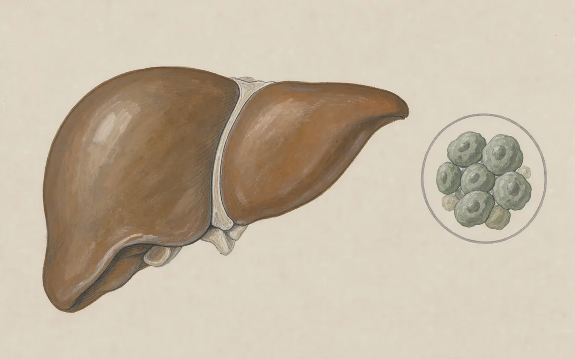 An ochre liver illustration with a small inset of immune cells, mounted on a warm stone-coloured field.